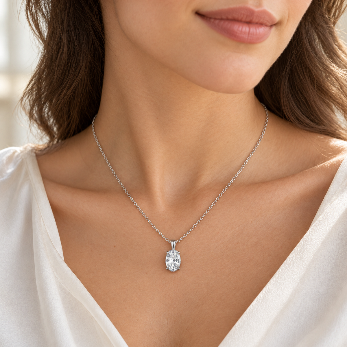 Rovenzaa Silver-Tone Oval Crystal-Look Pendant Necklace